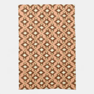 Art Deco Wallpaper Pattern, Coral and Brown Tea Towel