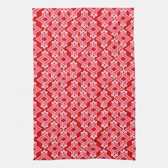 Art Deco Wallpaper Pattern, Dark Red and Pink Tea Towel (Vertical)