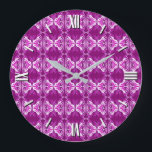 Art Deco wallpaper pattern - deep purple and white Large Clock<br><div class="desc">A vintage,  Art Deco wallpaper / tiled pattern - shades of plum,  white and violet,  with a solid deep purple / aubergnine / eggplant background</div>