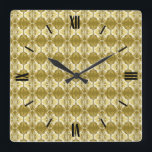 Art Deco wallpaper pattern - gold and white Square Wall Clock<br><div class="desc">A vintage,  Art Deco wallpaper / tiled pattern - shades of gold with white on a solid dark gold background</div>