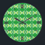 Art Deco wallpaper pattern - green and white Large Clock<br><div class="desc">A vintage,  Art Deco wallpaper / tiled pattern - shades of bright green and lime with white on a solid emerald green background</div>