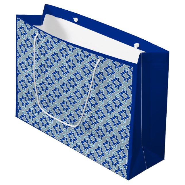 Art Deco Wallpaper Pattern, Grey / Grey and Blue Large Gift Bag (Front Angled)