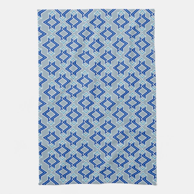 Art Deco Wallpaper Pattern, Grey / Grey and Blue Tea Towel (Vertical)