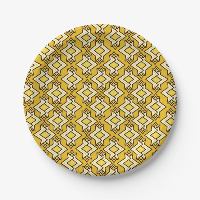 Art Deco Wallpaper Pattern, Mustard Gold Paper Plate (Front)