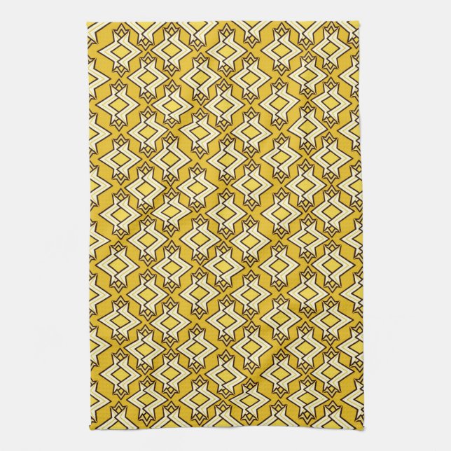 Art Deco Wallpaper Pattern, Mustard Gold Tea Towel (Vertical)