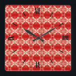 Art Deco wallpaper pattern - red and white Square Wall Clock<br><div class="desc">A vintage,  Art Deco wallpaper / tiled pattern - deep,  true red,  white and shades of coral,  with a solid red background</div>