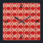 Art Deco wallpaper pattern - red and white Square Wall Clock<br><div class="desc">A vintage,  Art Deco wallpaper / tiled pattern - deep,  true red,  white and shades of coral,  with a solid red background</div>