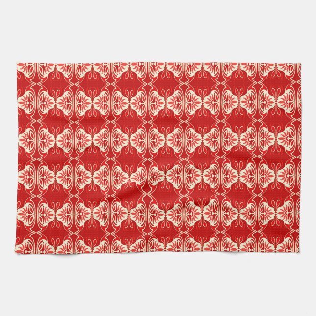 Art Deco wallpaper pattern - red and white Tea Towel (Horizontal)