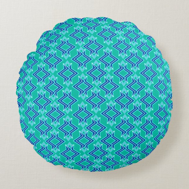 Art Deco Wallpaper Pattern, Turquoise and Cobalt Round Cushion (Front)