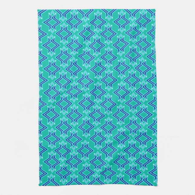Art Deco Wallpaper Pattern, Turquoise and Cobalt Tea Towel (Vertical)
