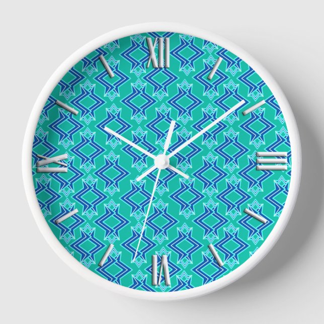 Art Deco Wallpaper Pattern, Turquoise and Cobalt Wall Clock (Front)