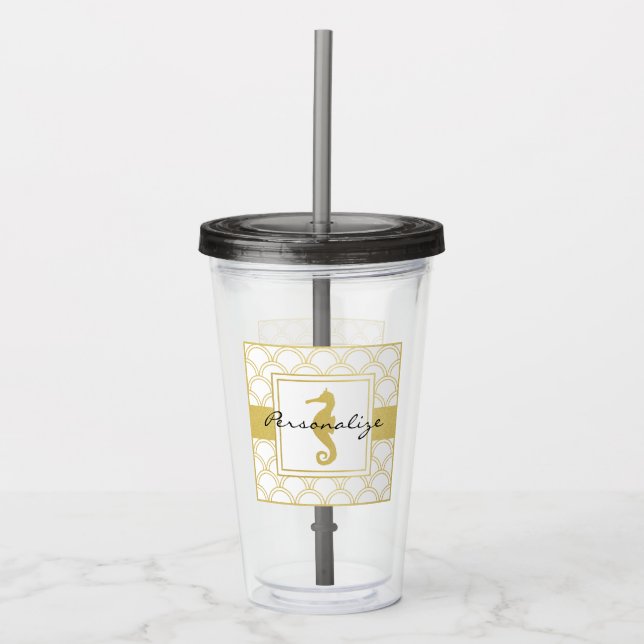 Art Deco Wave Gold Glitter Seahorse Acrylic Tumbler (Front)