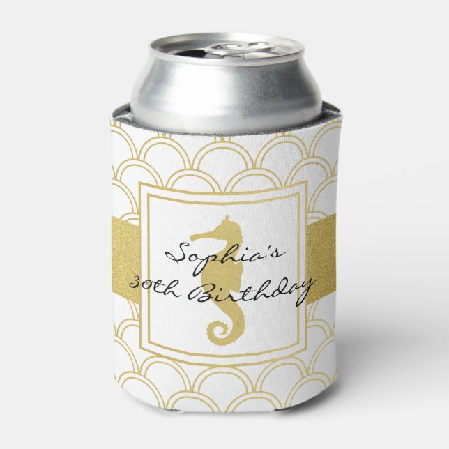 Art Deco Wave Gold Glitter Seahorse Beach Party Can Cooler (Can Front)