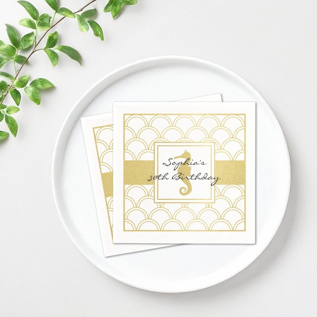 Art Deco Wave Gold Glitter Seahorse Beach Party Napkin (Creator Uploaded)