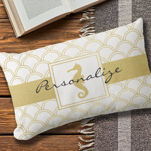 Art Deco Wave Gold Glitter Seahorse Outdoor Cushion