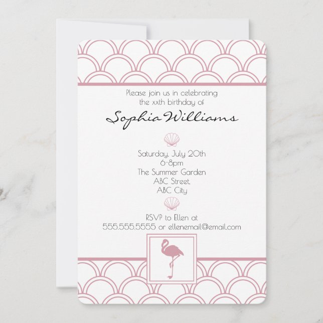 Art Deco Wave Patten Pink Flamingo Birthday Invitation (Front)