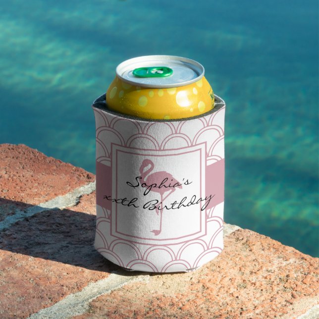 Art Deco Wave Patten Pink Flamingo Birthday Party Can Cooler (In Situ Pool)