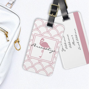 Art Deco Wave Patten Pink Flamingo Luggage Tag
