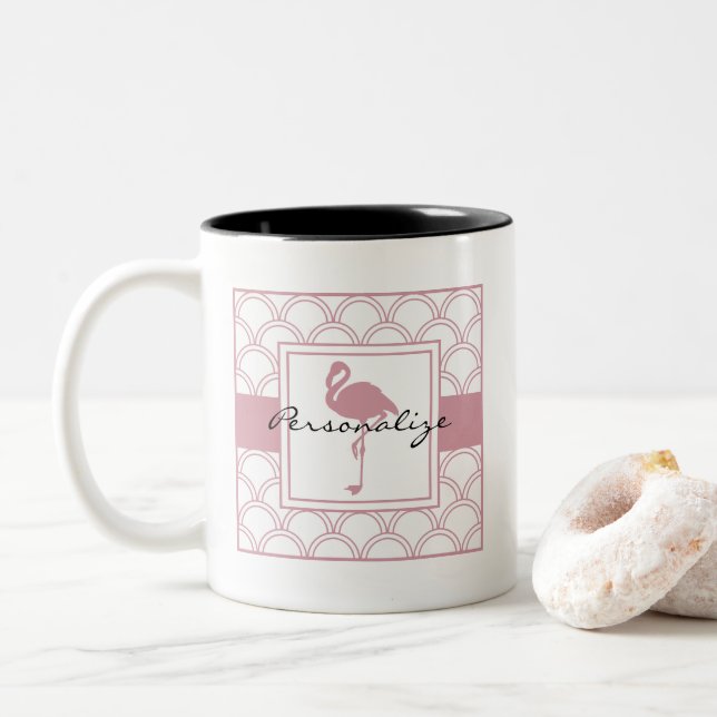 Art Deco Wave Patten Pink Flamingo Two-Tone Coffee Mug (With Donut)