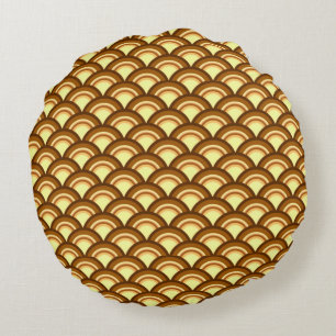 Art Deco wave pattern - chocolate and yellow Round Cushion