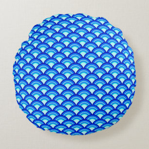 Art Deco wave pattern - cobalt and sky blue Round Cushion