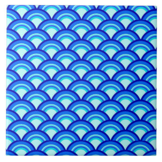 Art Deco wave pattern - cobalt and sky blue Tile