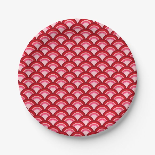 Art Deco wave pattern - coral red and pink Paper Plate (Front)