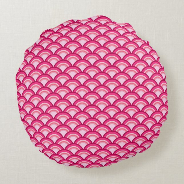 Art Deco wave pattern - fuchsia and coral Round Cushion (Back)