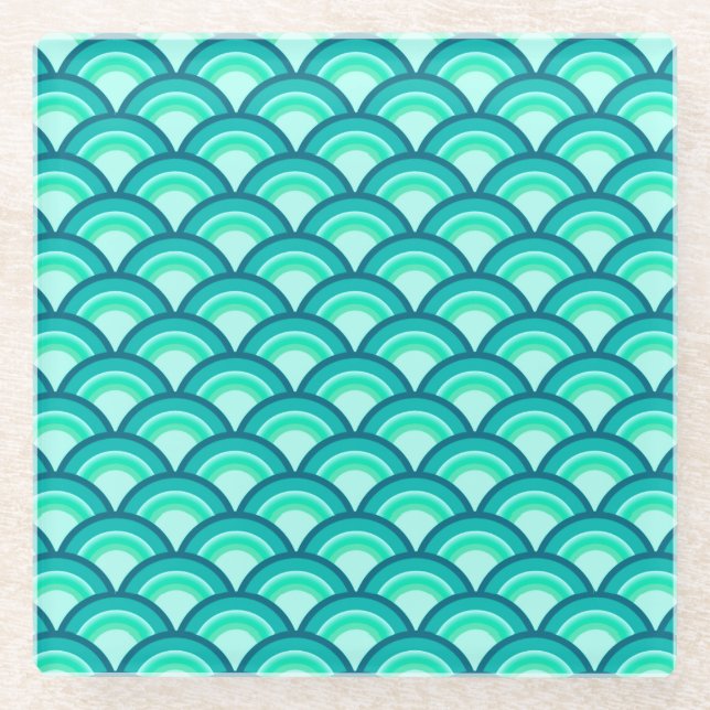 Art Deco wave pattern - shades of turquoise Glass Coaster (Front)