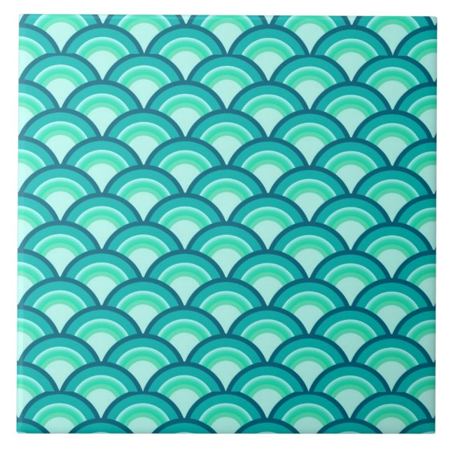 Art Deco wave pattern - shades of turquoise Tile (Front)