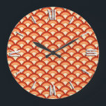 Art Deco wave pattern - tangerine orange Large Clock<br><div class="desc">An Art Deco pattern based on the traditional wave pattern often seen in Japanese textiles,  in pale to deep tangerine orange accented with rust</div>