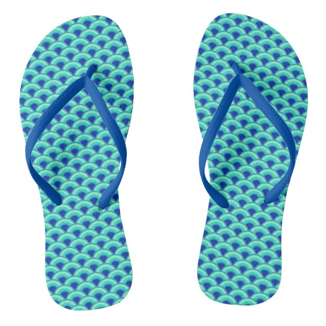Art Deco Wave Pattern, Turquoise and Cobalt Blue Flip Flops (Footbed)