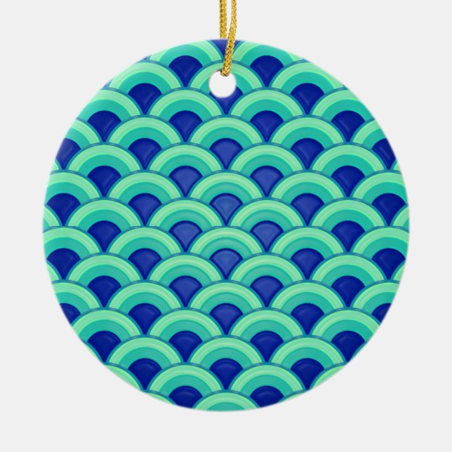 Art Deco wave pattern - turquoise and cobalt Ceramic Tree Decoration (Front)