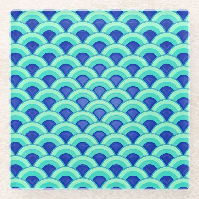 Art Deco wave pattern - turquoise and cobalt Glass Coaster (Front)