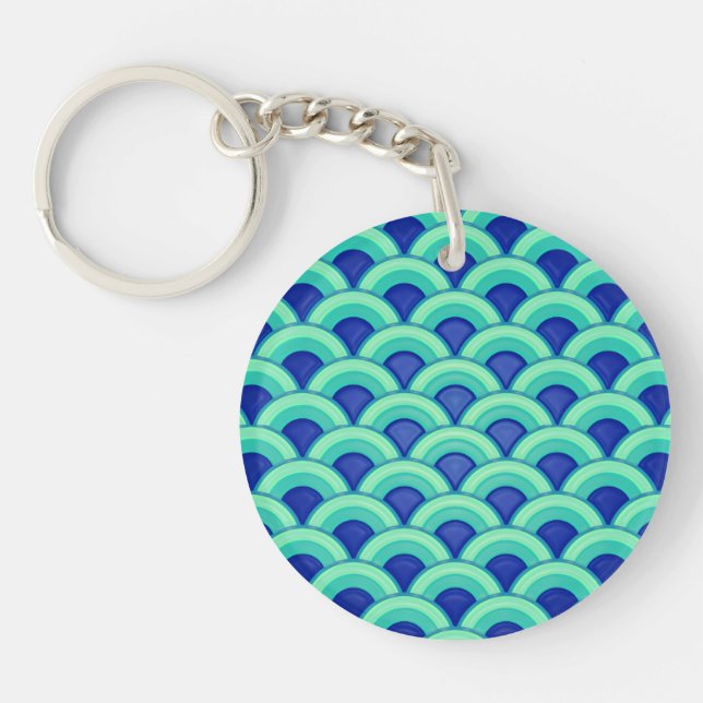 Art Deco wave pattern - turquoise and cobalt Key Ring (Front)