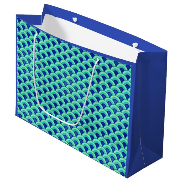 Art Deco wave pattern - turquoise and cobalt Large Gift Bag (Front Angled)
