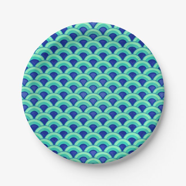 Art Deco wave pattern - turquoise and cobalt Paper Plate (Front)