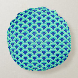 Art Deco wave pattern - turquoise and cobalt Round Cushion