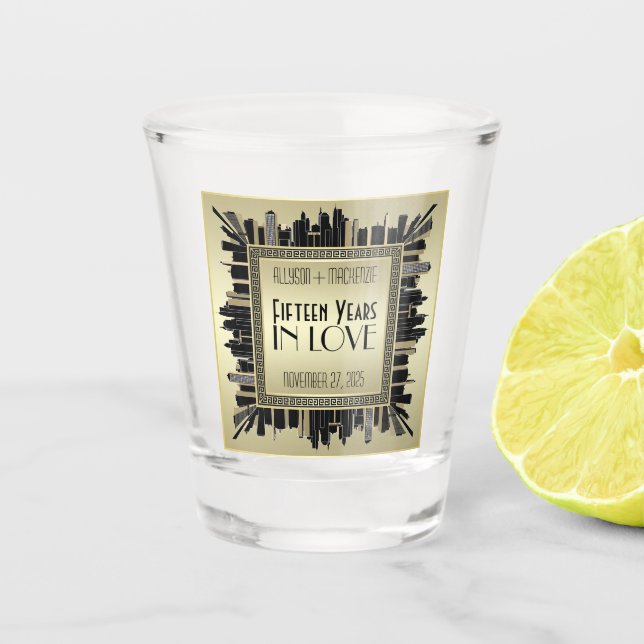 Art Deco Wedding Anniversary Champagne Gold Gatsby Shot Glass (Front)