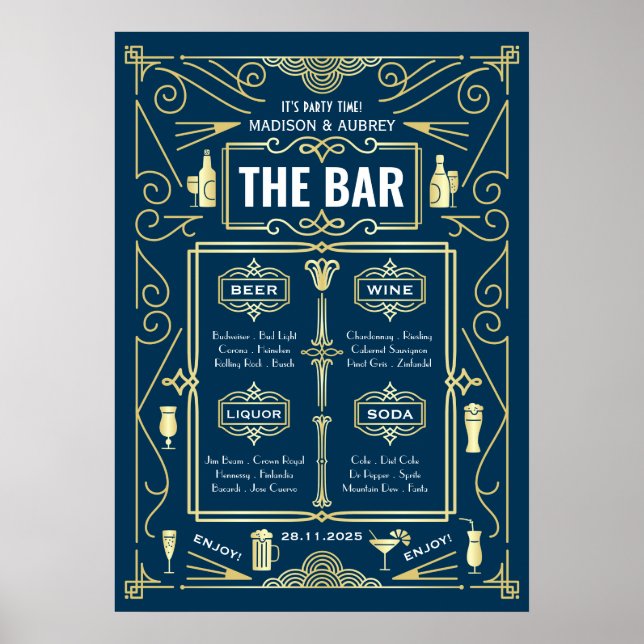 Art Deco Wedding Bar Menu Wine Beer Liquor Party Poster (Front)