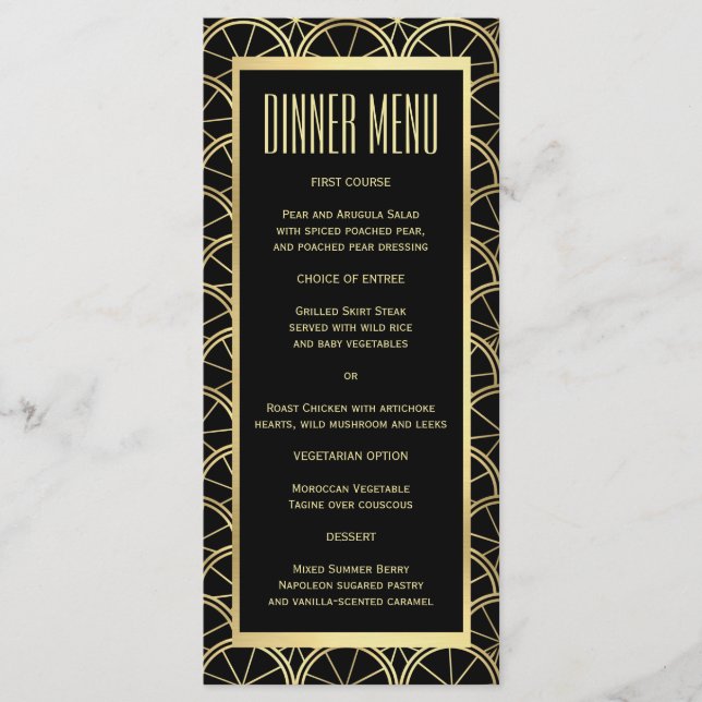 Art Deco Wedding Black and Gold Slim Dinner Menu (Front)