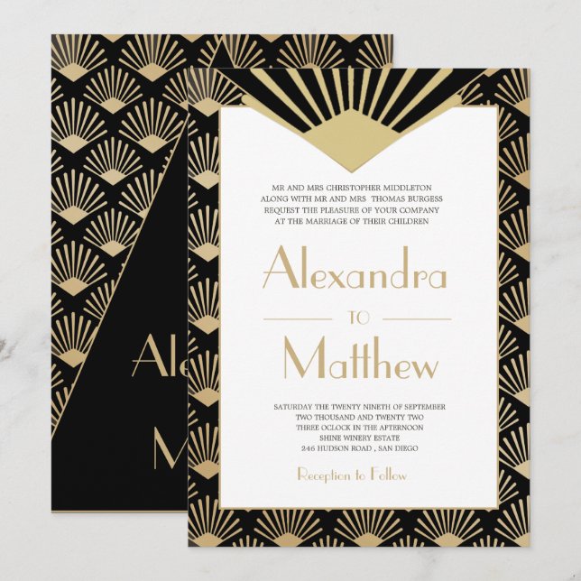 Art Deco Wedding Black Gold Roaring Twenties Invitation (Front/Back)