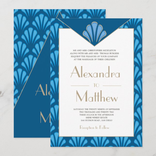 Art Deco Wedding Blue Roaring Twenties Vintage Invitation (Front/Back)