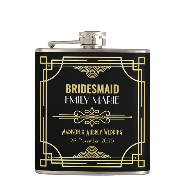 Art Deco Wedding Bridesmaid Gold Black Favour 1920 Hip Flask (Front)