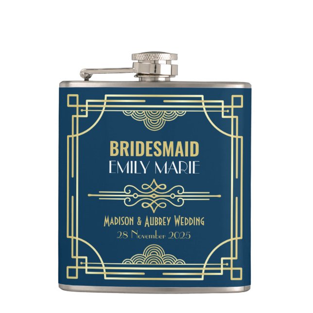 Art Deco Wedding Bridesmaid Gold Blue Favour 1920s Hip Flask (Front)