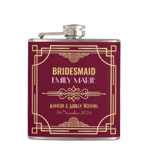 Art Deco Wedding Bridesmaid Gold Burgundy Favour Hip Flask