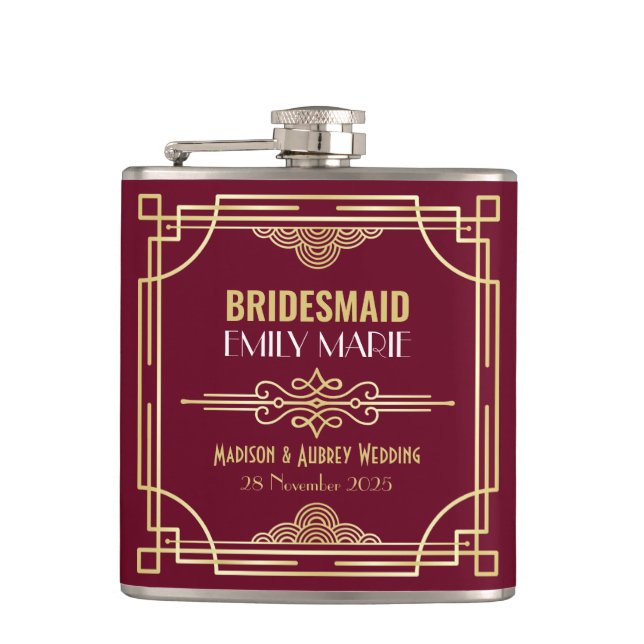 Art Deco Wedding Bridesmaid Gold Burgundy Favour Hip Flask (Front)