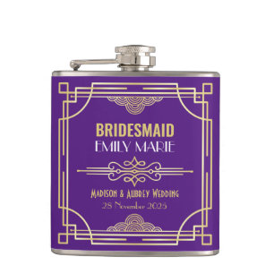 Art Deco Wedding Bridesmaid Gold Purple Favour Hip Flask