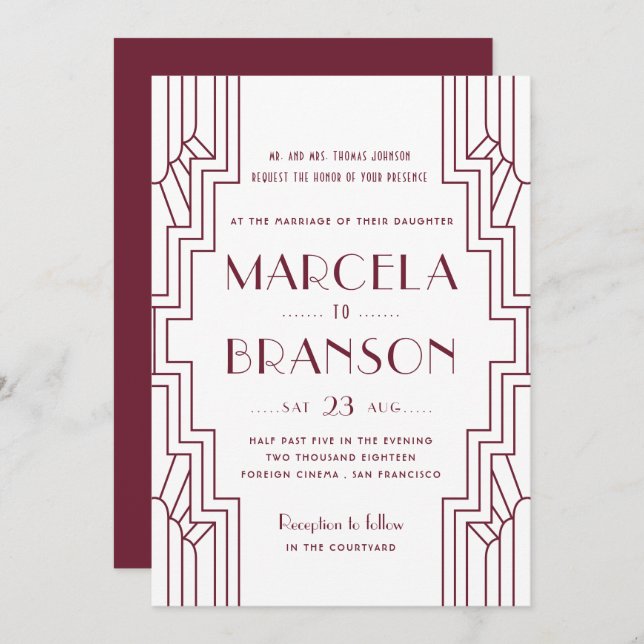 Art Deco Wedding Burgundy Invitation (Front/Back)