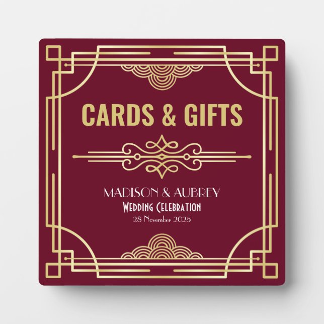 Art Deco Wedding Cards & Gifts Gold Burgundy Sign Plaque (Front)